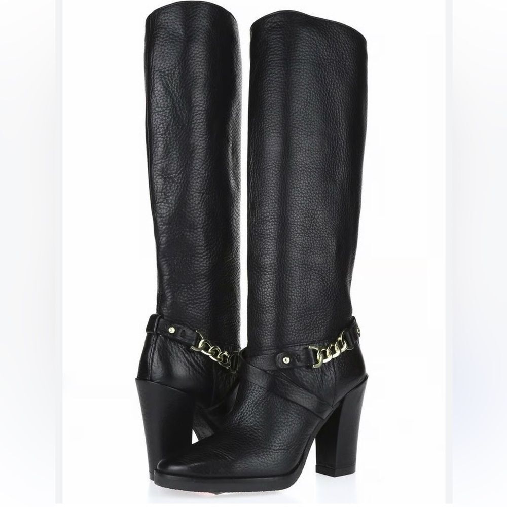 Kate Spade Montreal Black Leather Chain Link Tall 4" Heeled Boots Size 10 - Picture 15 of 15
